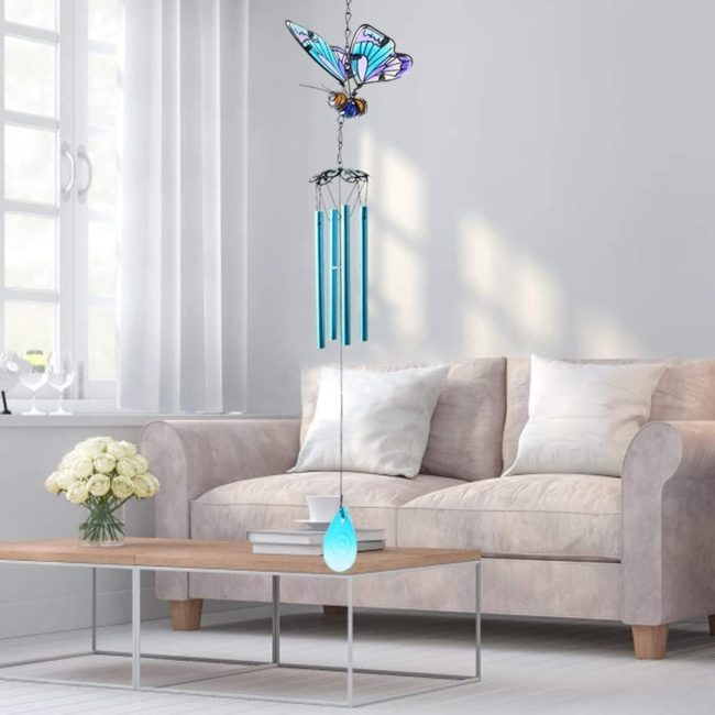 70cm Stained Glass Butterfly Wind Chime - Handcrafted Iron Wind Chimes for Outdoor & Indoor Decor, for Mom, Home, Garden, Patio, Yard, or Window Decoration (Blue) - Image 2