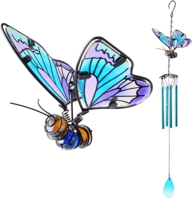 70cm Stained Glass Butterfly Wind Chime - Handcrafted Iron Wind Chimes for Outdoor & Indoor Decor, for Mom, Home, Garden, Patio, Yard, or Window Decoration (Blue)