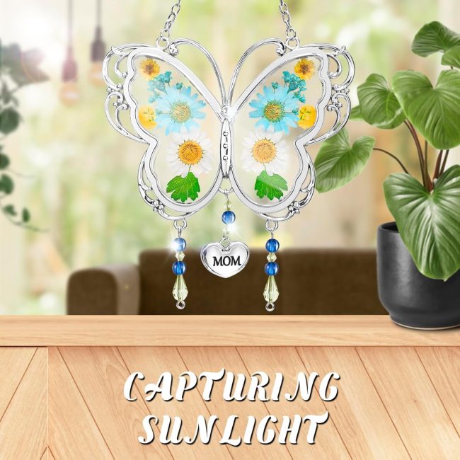Butterfly Suncatcher with Pressed Flower Wings Mother's Day Butterfly Glass Wind Chime Ornament Charm with Metal Heart Gifts for Grandma Aunt Birthday (Mom, Blue) - Image 2