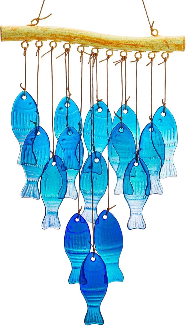 23" Blue Glass Sea Wind Chimes - Handcrafted Fish Wind Chimes for Outside, Beach Party & Wedding Decor