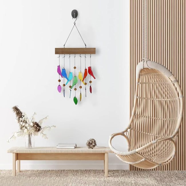 Handwork Crystal Glass & Driftwood Chimes, Sandblasted Glass and Wood Handcrafted Wind Chimes, Birds Wind Chimes for Home, Yard, Patio, Garden Decoration, Gift for Mom, Gifts for Bird Lovers - Image 2