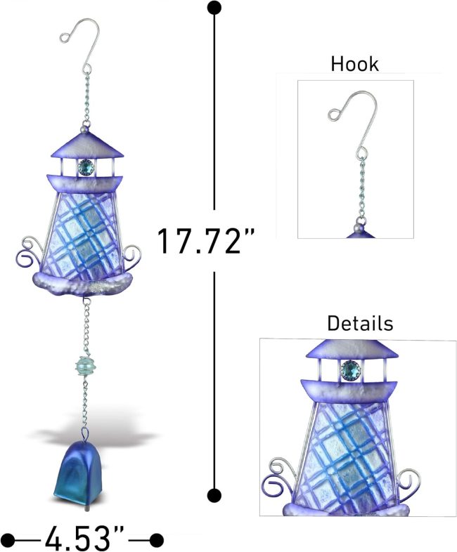 Purple Lighthouse Hanging Sea Glass Wind Chime 17.72 Inch, Nautical Glass Windchime Outdoor Decor for a Harmonic Porch, Patio & Garden,  Beach Art Indoor Wind Chime Window Mobile