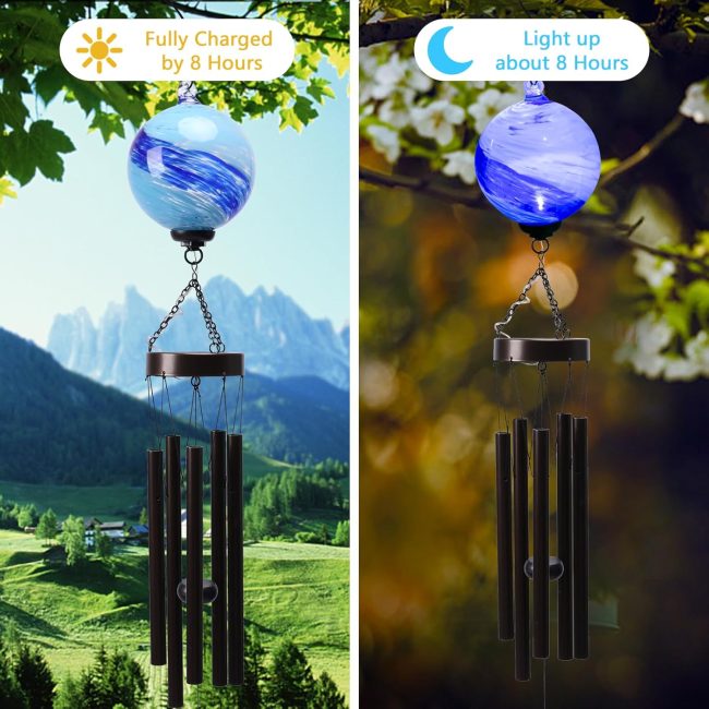 Solar Wind Chime - Mosaic Glass Solar Lights Wind Chimes for Outside Deep Tone Decorative Memorial Gift for Home, Outdoor, Yard, Patio, Balcony, Garden Decor, 35" - Image 2