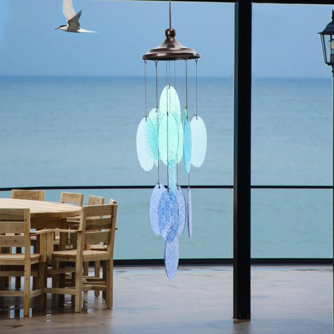 Glass Wind Chimes for Outside,Blue Glass Wind Chimes Decorative Memorial Sympathy Gift for Home, Outdoor,Garden,Patio and Yard Decor