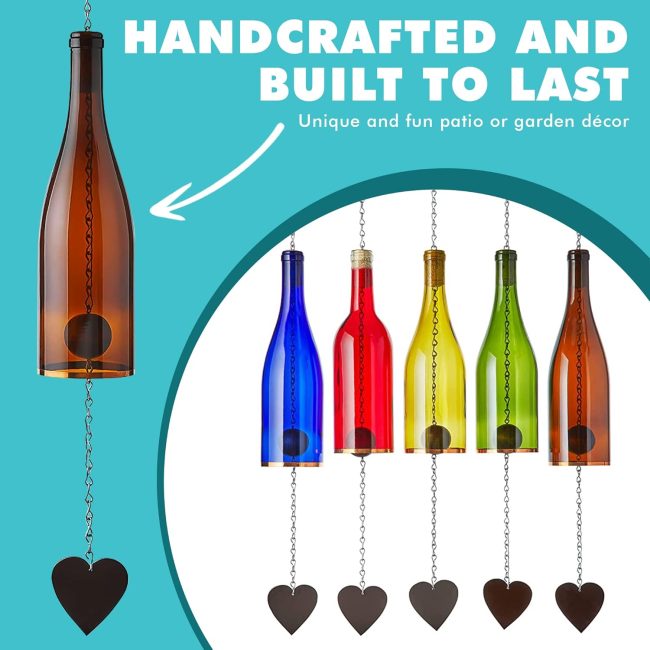Wine Bottle Wind Chime - Wind Chimes for Outside & Inside Decor, Handcrafted Wine Glass Bottle Wind Chimes, Suncatcher Whimsical Home Decor Gifts for Women (Clear)