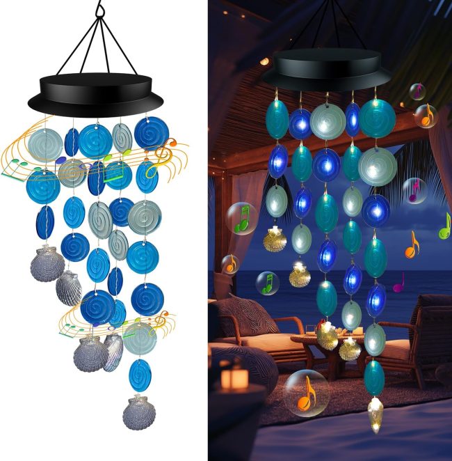 Solar Wind Chimes for Outside,Sea Glass Wind Chimes s Lights Gifts for Mom Grandma Women Wife Girls,Solar Decorative Lights for Holiday Garden Porch Yard Window Pool Decor