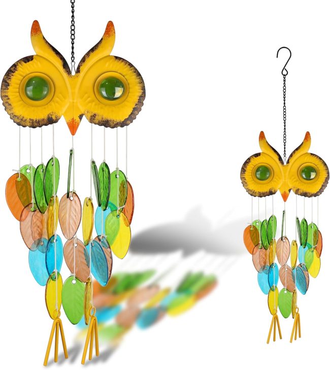 Wind Chimes for Outside - Stained Glass Owl Windchimes Outdoors Home Ornament Garden Decor for Mom Loved One Gifts Windchime, Stocking Stuffers for Men Women