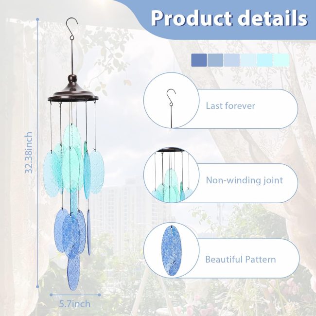 Wind Chimes for Outside, Stained Glass Wind Chime Windchimes for Patio, Outdoor,Garden,Yard,Coastal,Window,Home Decor or Gifts for Women - Image 2