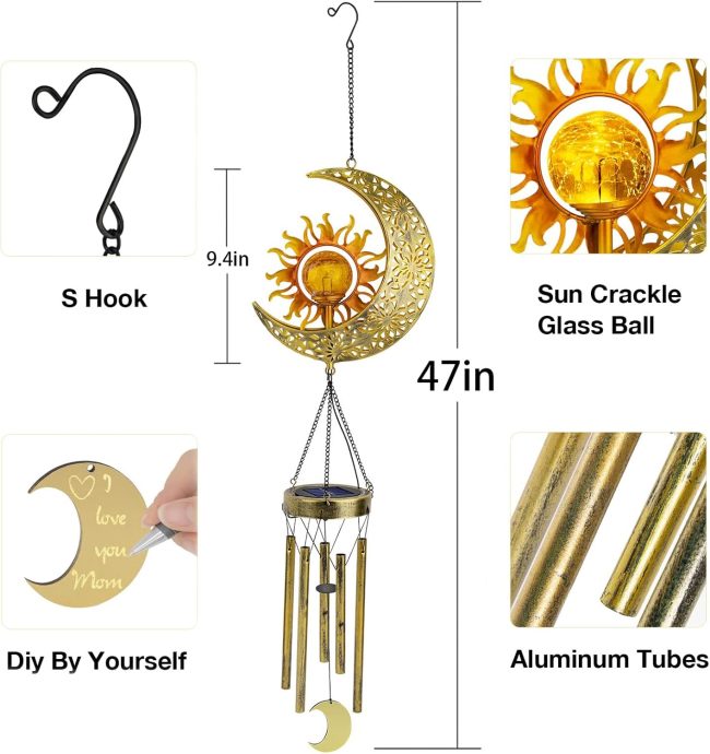 Sun Moon Solar Wind Chimes, 47-Inch Large Waterproof Windchimes for Outside with Glowing Crackle Glass Ball, Garden Patio Yard Decor Mother's Day Birthday  Gifts for Women Mom Grandma Wife - Image 2