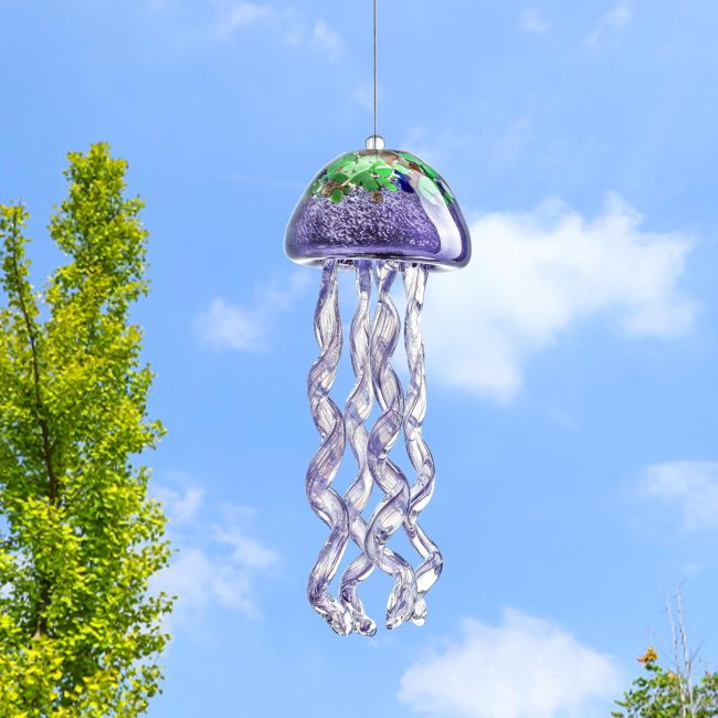 Purple Blown Glass Jellyfish Wind Chime Sea Glass Wind Chimes for Outside Jellyfish Wind Chimes Outdoor Sea Glass Decor for Patio Garden Balcony Porch(14in)