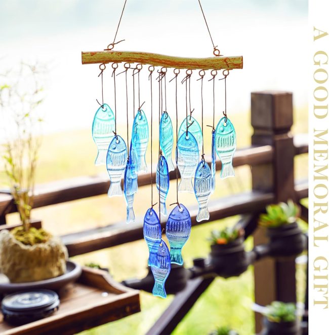 23" Blue Glass Sea Wind Chimes - Handcrafted Fish Wind Chimes for Outside, Beach Party & Wedding Decor - Image 2