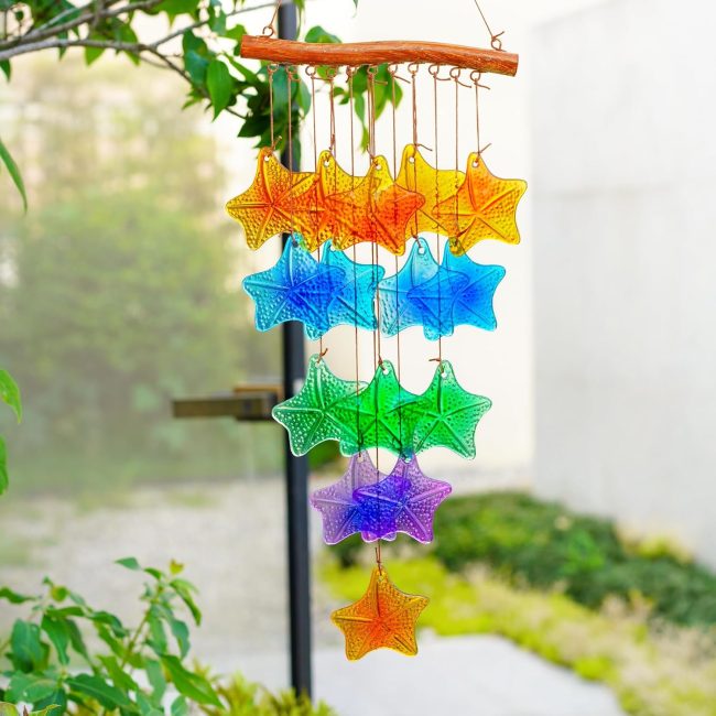 Stained Glass  Wind Chimes for Outdoor - Handcrafted Sea Wind Chime Decor with Sea Glass Starfish, Hanging Windchimes for Garden, Patio, Porch for Women - Image 2