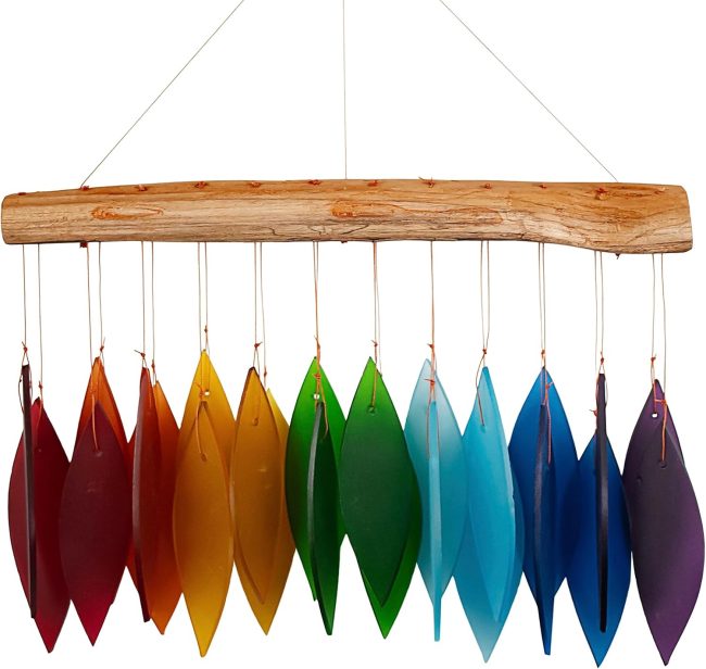 Rainbow Glass Chime, Sandblasted Glass and Found Wood Handcrafted Wind Chime