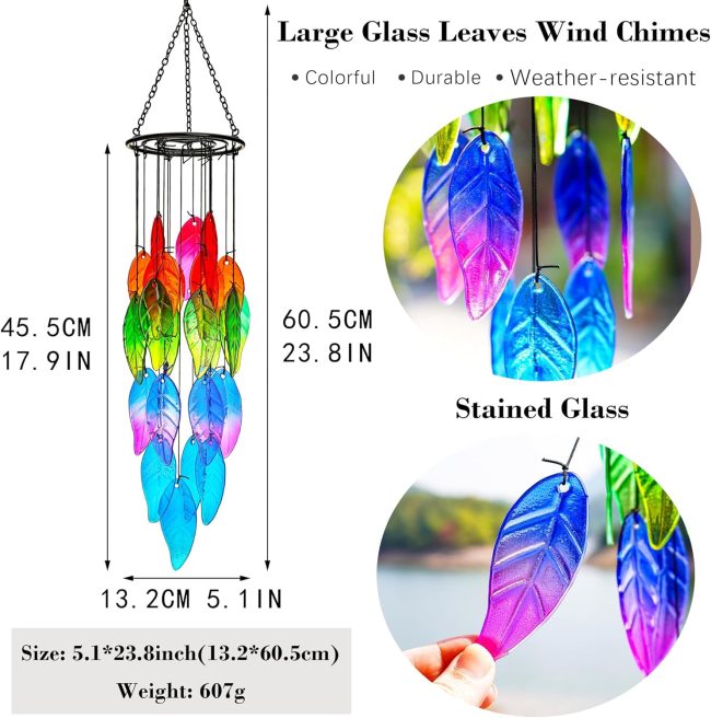 18'' Stained Glass Leaves Wind Chimes for Outside  Rainbow Leaves Forest Windchimes Outdoor Decoration Garden Decor - Image 2
